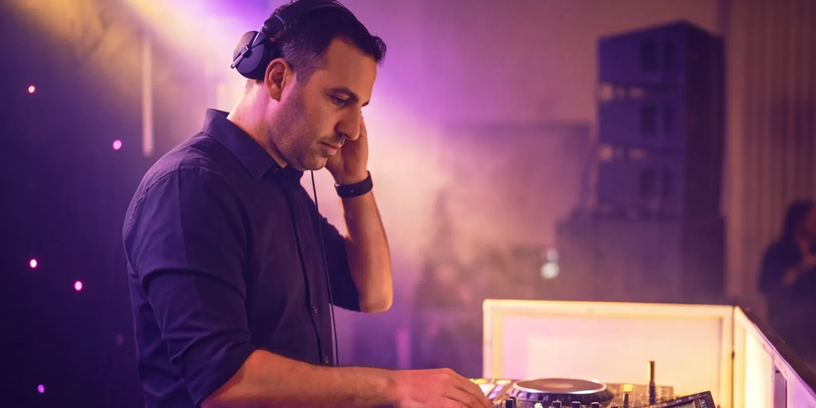 תקליטן ליד קונסולת DJ באולם אירועים
